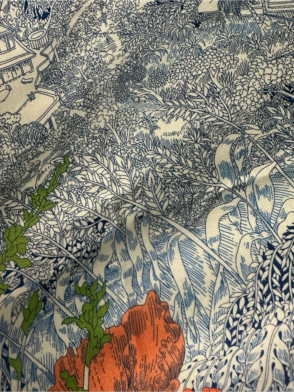 Hermes Blue, White & Green Printed Silk Scarf